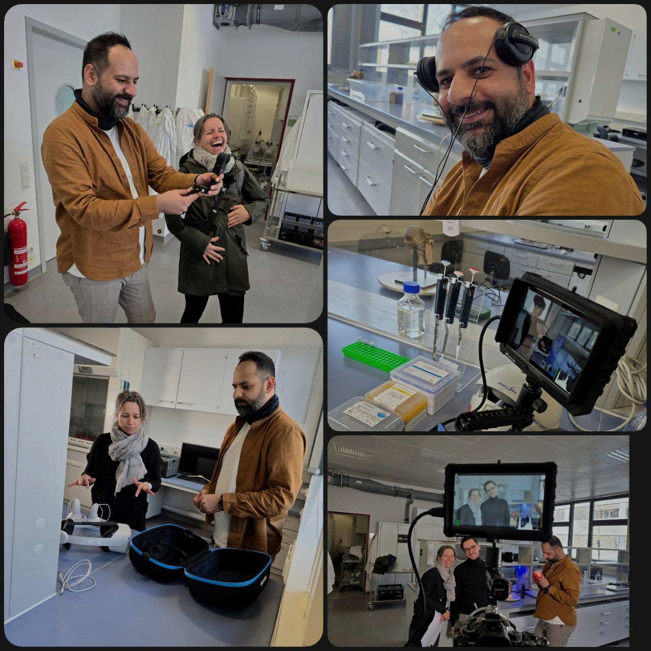 Mostafa working in a lab with VR, audio, and filming equipment